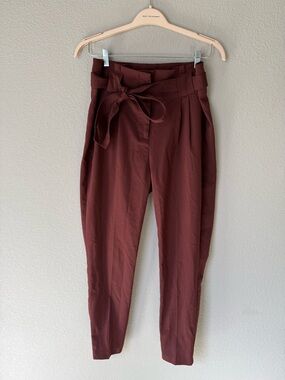 High-Waist Tie-Belt Paperbag Trousers in Deep Burgundy